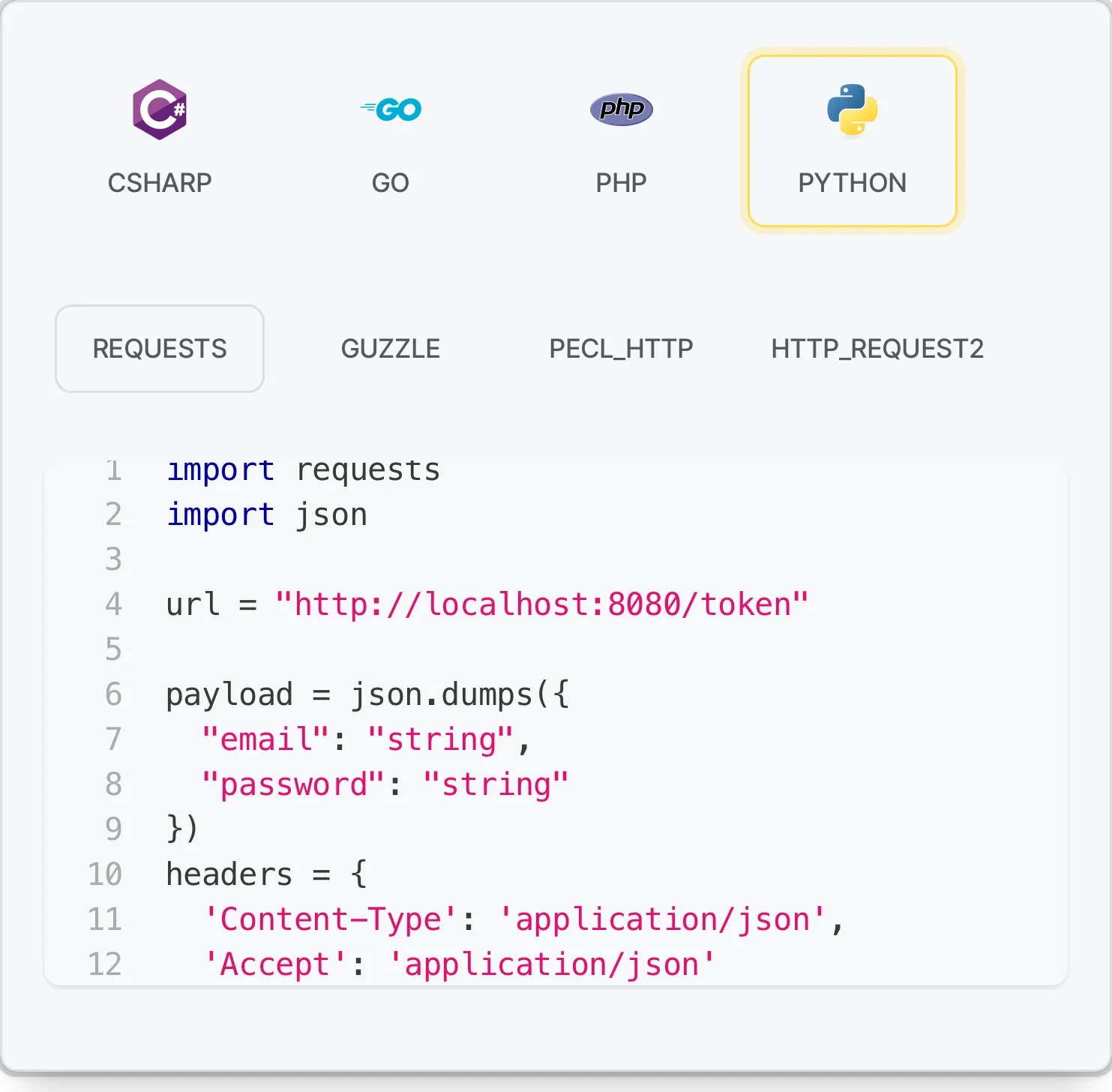 A Python snippet showing how to call the API using requests.