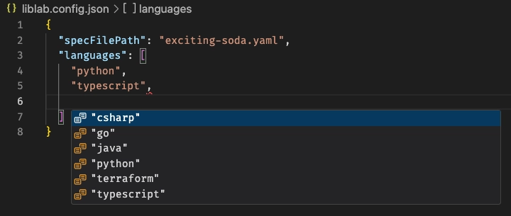 A liblab config file open in VS Code with the languages being autocompleted
