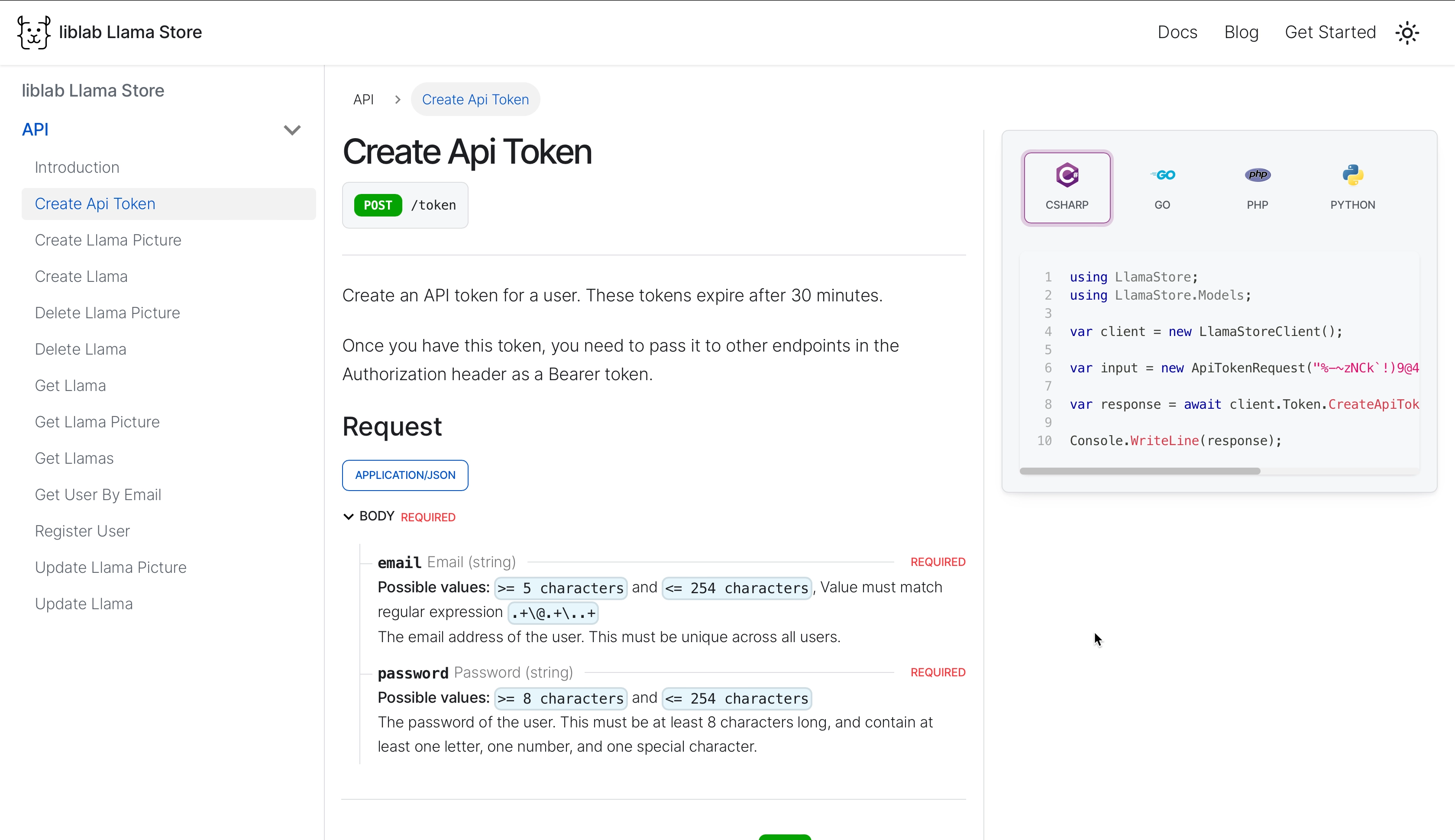 A screenshot of the llama store docs showing the Create API token endpoint and example C# code