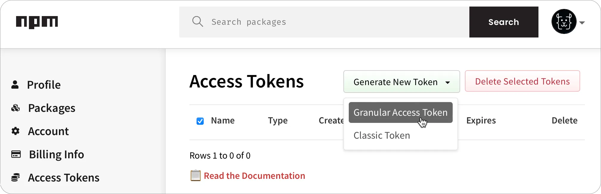 The access tokens page in npm settings