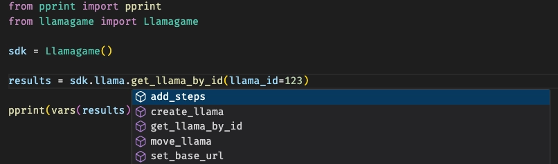 Python code showing the autocomplete options of the sdk.llama property in VS Code