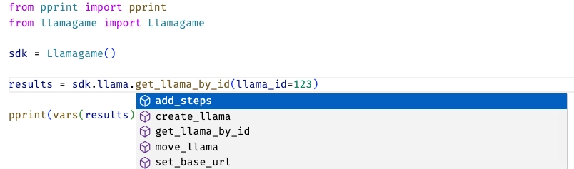 Python code showing the autocomplete options of the sdk.llama property in VS Code