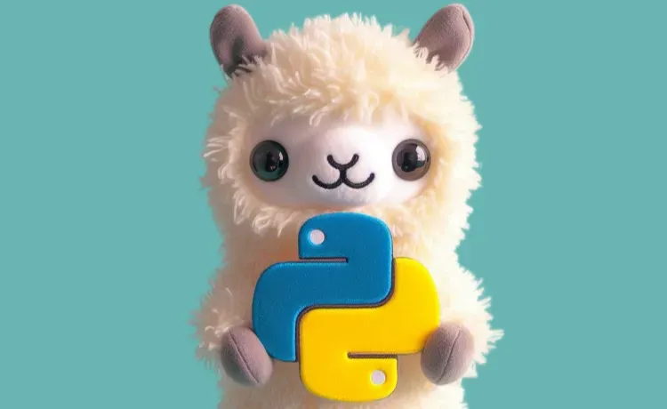 A plushie llama holding a plushie Python logo