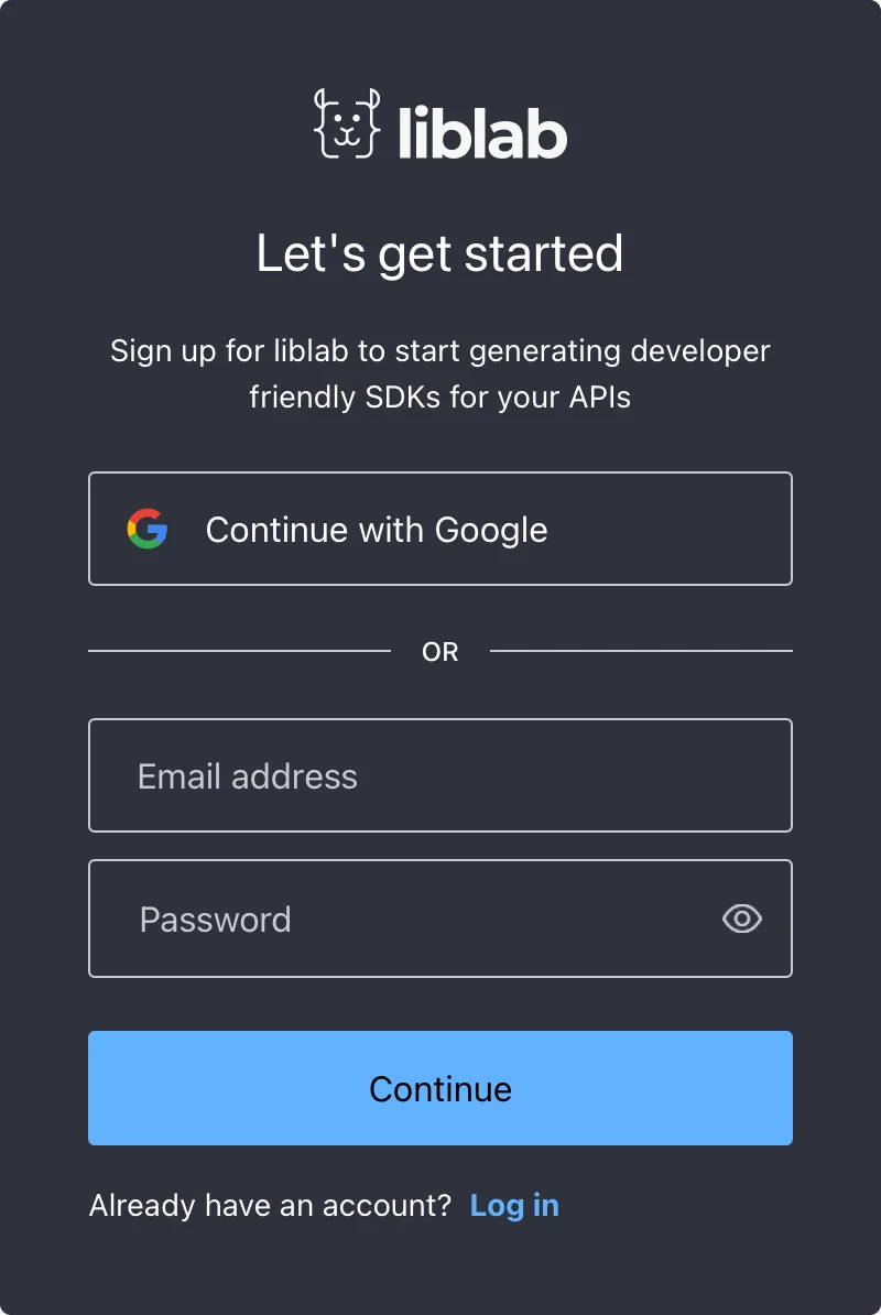 The sign up dialog