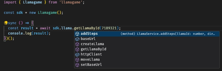 TypeScript code showing the autocomplete options of the sdk.llama property in VS Code