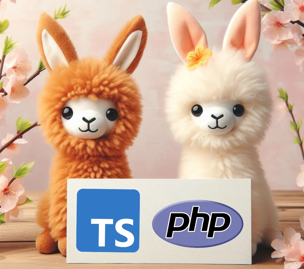 2 cute plushie llamas holding a sign with the TypeScript and PHP logos on it. The background has cherry blossom