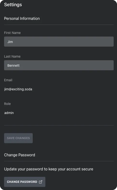 The settings panel for a user